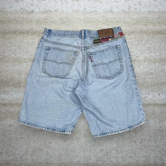 Vintage Request Classics Jean Shorts Crazy Patchwork Logos Light Wash Denim 90s - Picture 1 of 6